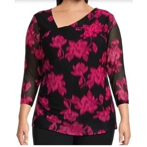 NEW Plus Size Calvin Klein Floral Mesh Asymmetric VNeck 3/4 Sleeve Ruched Top